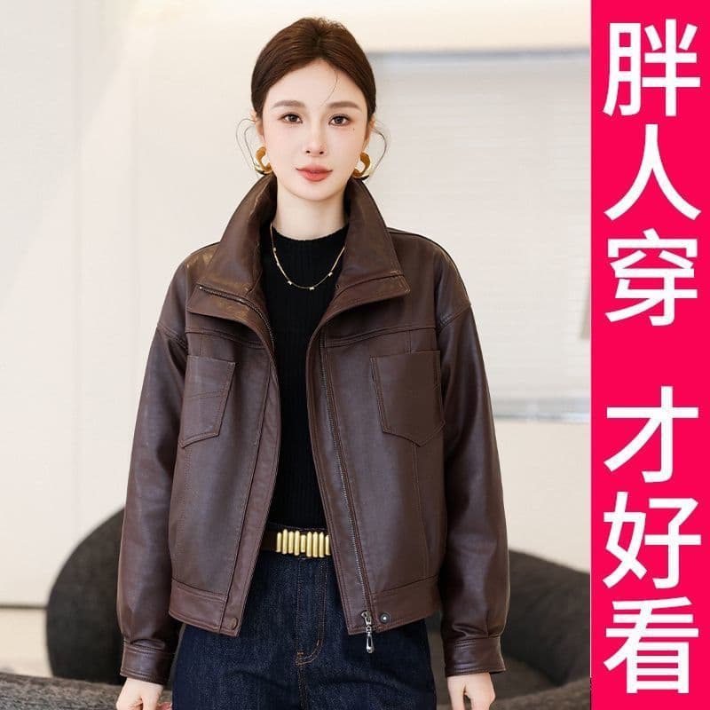 200kg plus-size high-end leather jacket for women, 2025 autumn collection, this year's popular loose casual jacket, slimming coat.
