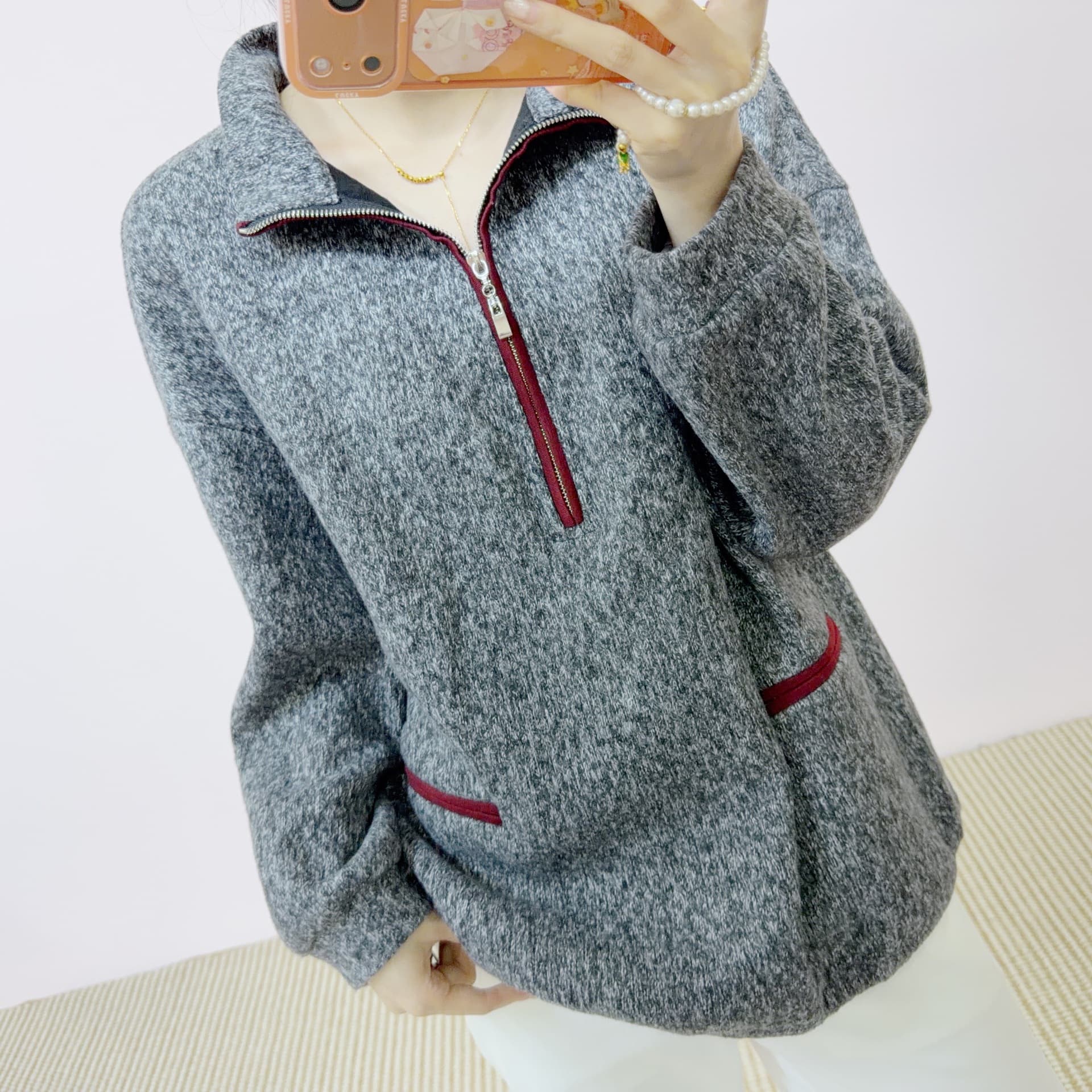 2026 Spring/Autumn New Korean Lazy Style Colorblock Loose Zipper Stand Collar Knit Sweatshirt 020