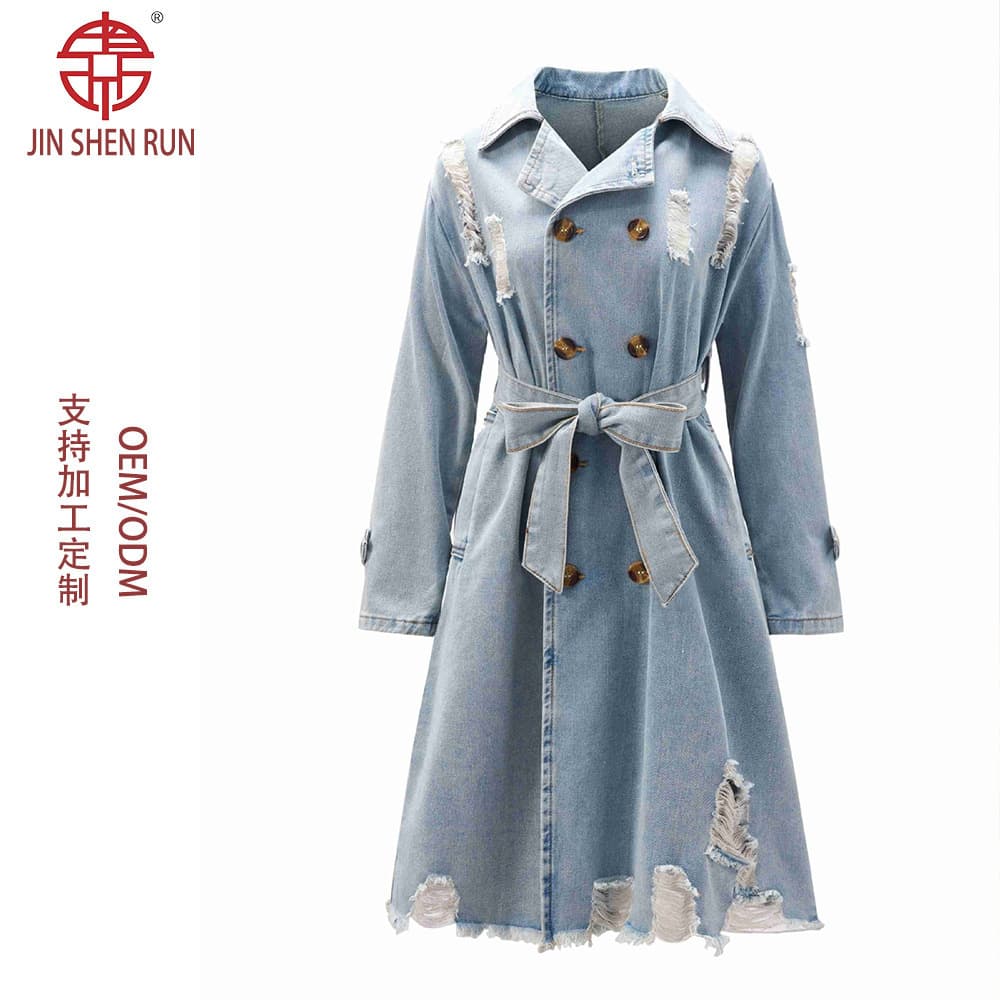 2025 Spring/Autumn New Hong Kong Style Retro Denim Trench Coat for Women, Mid-Length Over-the-Knee, Waist-Tightening, Elegant