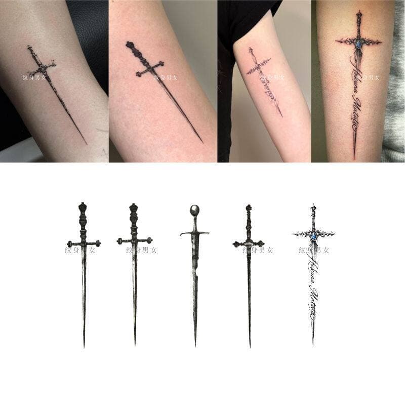 Vintage Sword Cross English Tattoo Sticker, Realistic Simulation Sword Long-Lasting Waterproof Tattoo Sticker