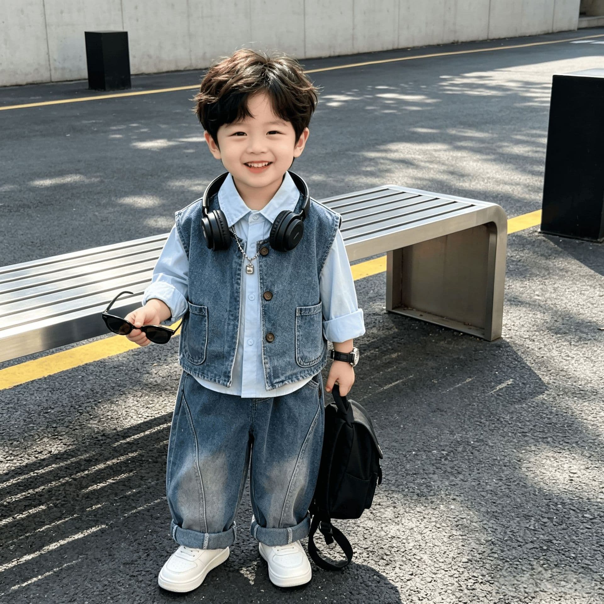 Cross-Border Spring/Autumn New Baby Boys' Set: Solid Color Denim Vest Jacket, Boys' Casual Long-Sleeve Top and Long Pants, 3-Piece Set