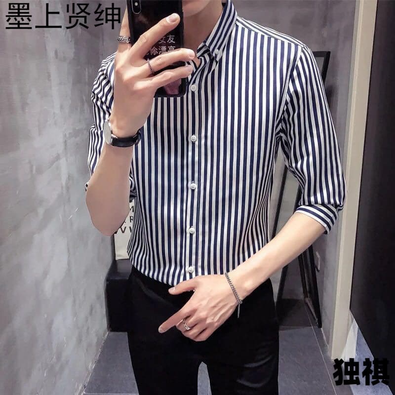 Men's Slim Fit Short Sleeve Shirt Summer Thin Korean Style Seven Sleeve Striped Casual Shirt Youth Half Sleeve Cotton Blend Shirt