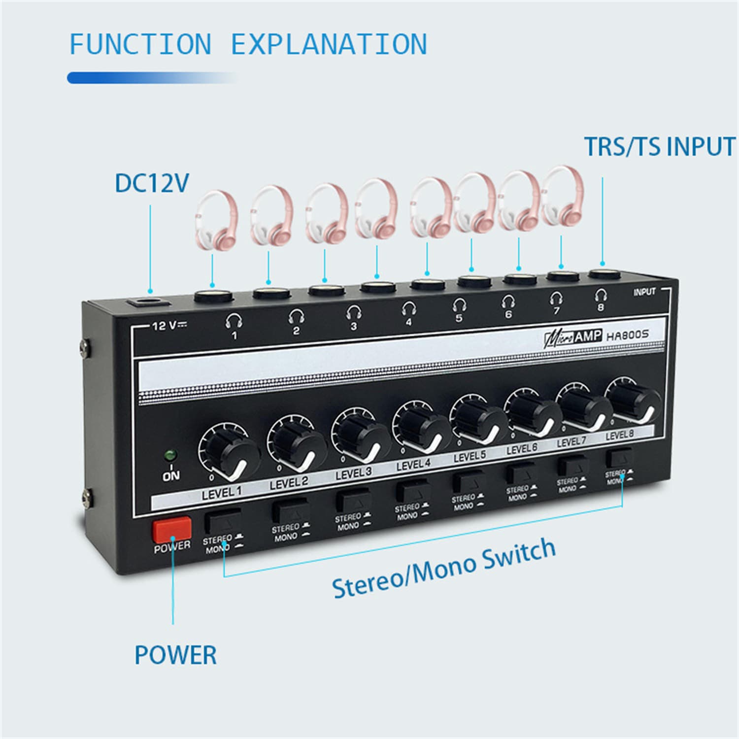 8-Channel Monitor Stereo/Mono Switching Headphone Amplifier Ultra-Low Noise Mixer Amp Signal Splitter