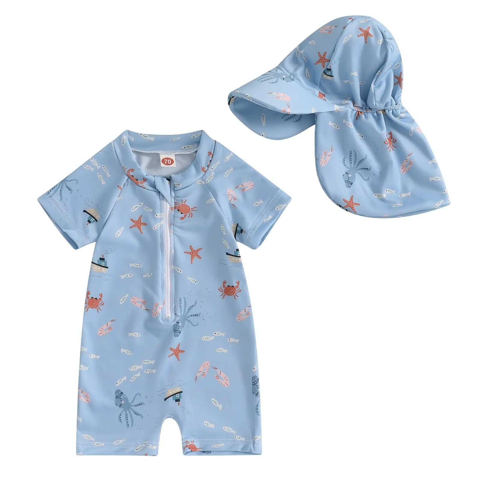 Cross-Border Children's Clothing for Boys and Girls, Star and Dinosaur Print One-Piece Swimsuit and Hat Two-Piece Set