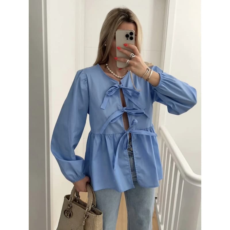 AliExpress 2025 Summer European and American Cross-border Women's Clothing Street Fashion Bow Long Sleeve Shirt Tops B88689