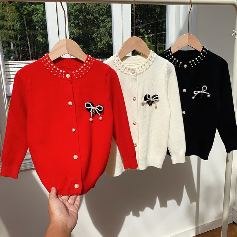 Girls Korean Style Pearl Bow Red Sweater Cardigan 2025 Autumn Winter Trendy Korean Button Top