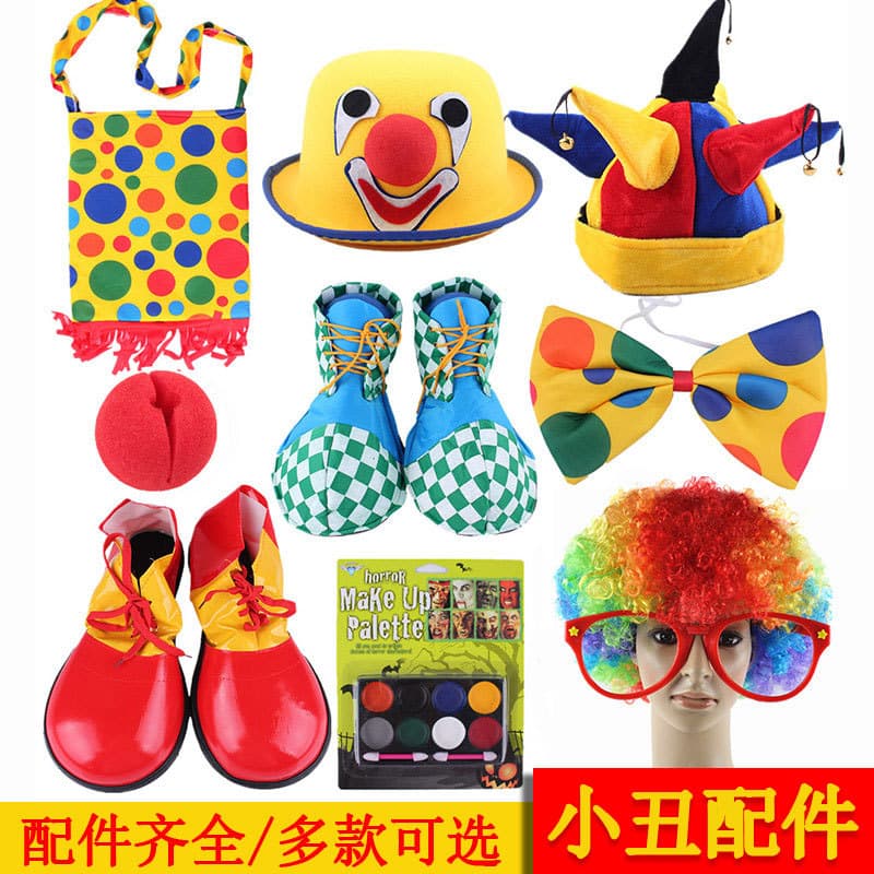 Clown Glasses Gloves Nose Backpack Accessories Props Wig Mask Shoes Face Paint Balloons Hat