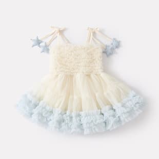 Baby Girls Summer New Simple Star Contrast Strap Dress Casual Sweet Princess Mesh Dress