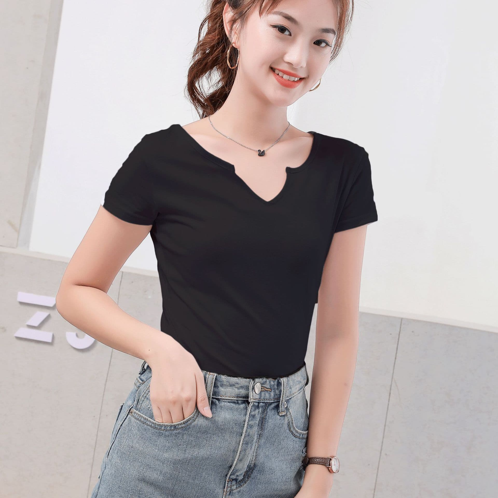 Spot 2025 summer new sweetheart collar versatile 95 cotton slim pure white short-sleeved bottoming T-shirt short-sleeved T-shirt for women