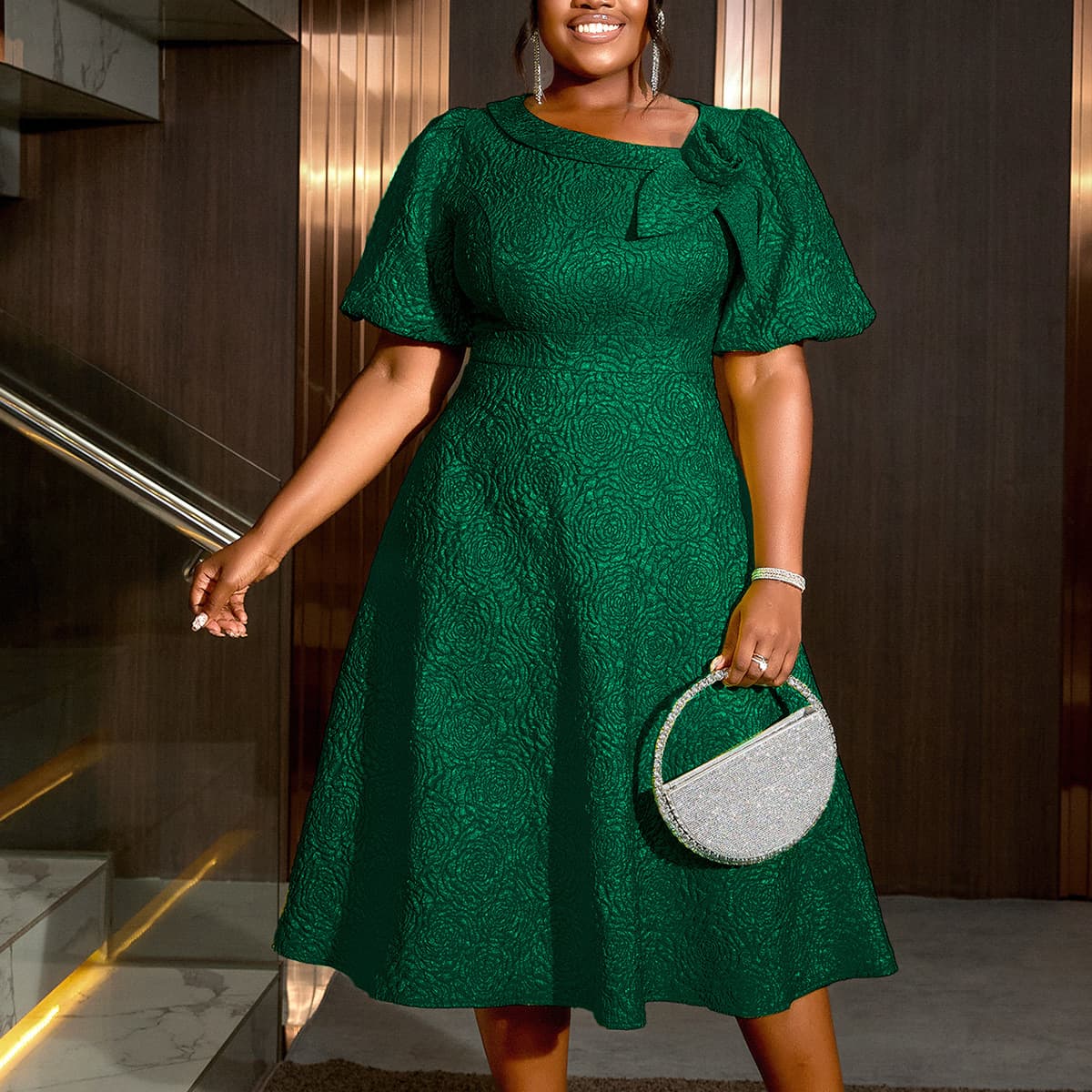 Plus Size New Fashion Bubble Sleeve High-Waist Evening Dress Party Commute Comfortable Jacquard Dress