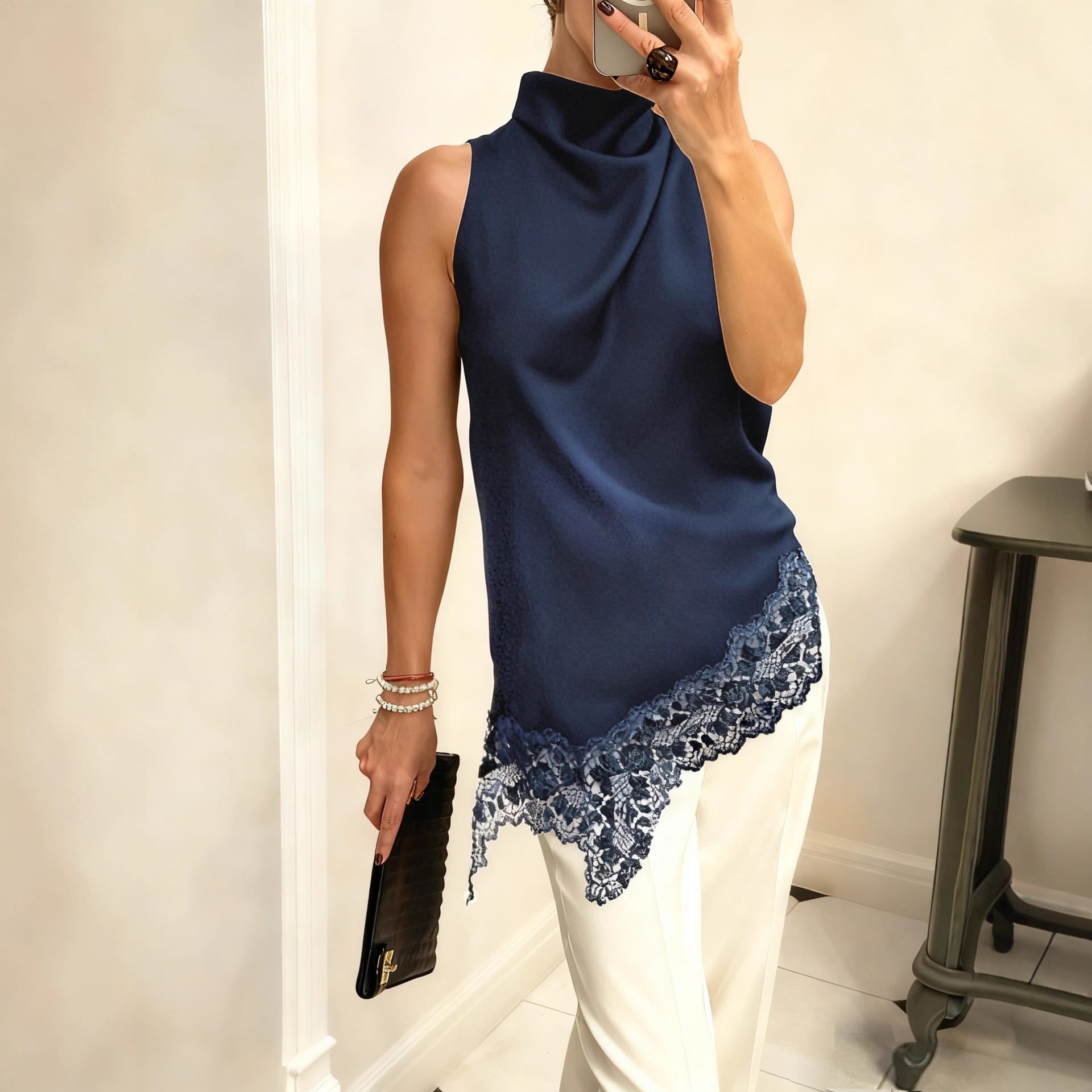 Amazon 2025 Cross-border New Women's Clothing Series Lace Asymmetrical Casual Halter Satin Vest