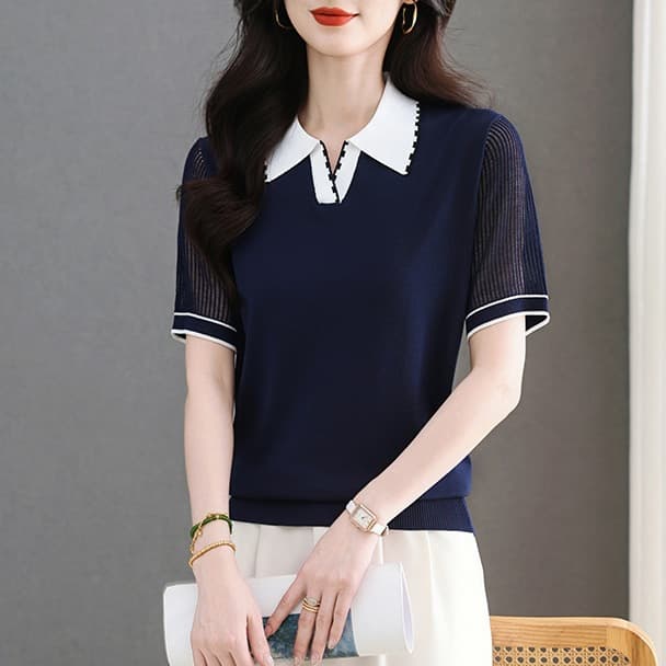 Short Sleeve T-Shirt for Women, Turn-Down Collar Hollow Knit Top, New Summer Fashionable Contrast Color Polo Neck Shirt Blouse