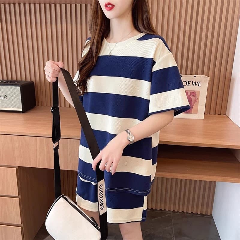 Cross-Border Summer New Fashion Loose Plus Size Women's Casual Slimming Sportswear Set Striped Short Sleeve Shorts