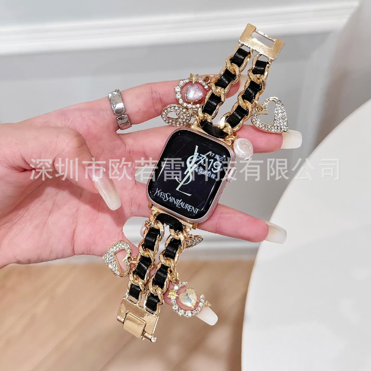 Fashionable 22mm Two-tone Denim Chain and Leather Strap for Apple Watch