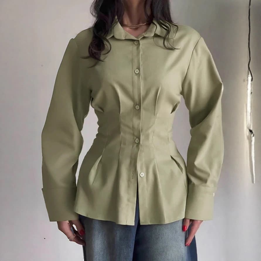 2025 Cross-Border Bestseller Women's Waist-Tightening Slimming Shirt Fashion Design Lapel Blouse Light Mature Style Commute Long Sleeve