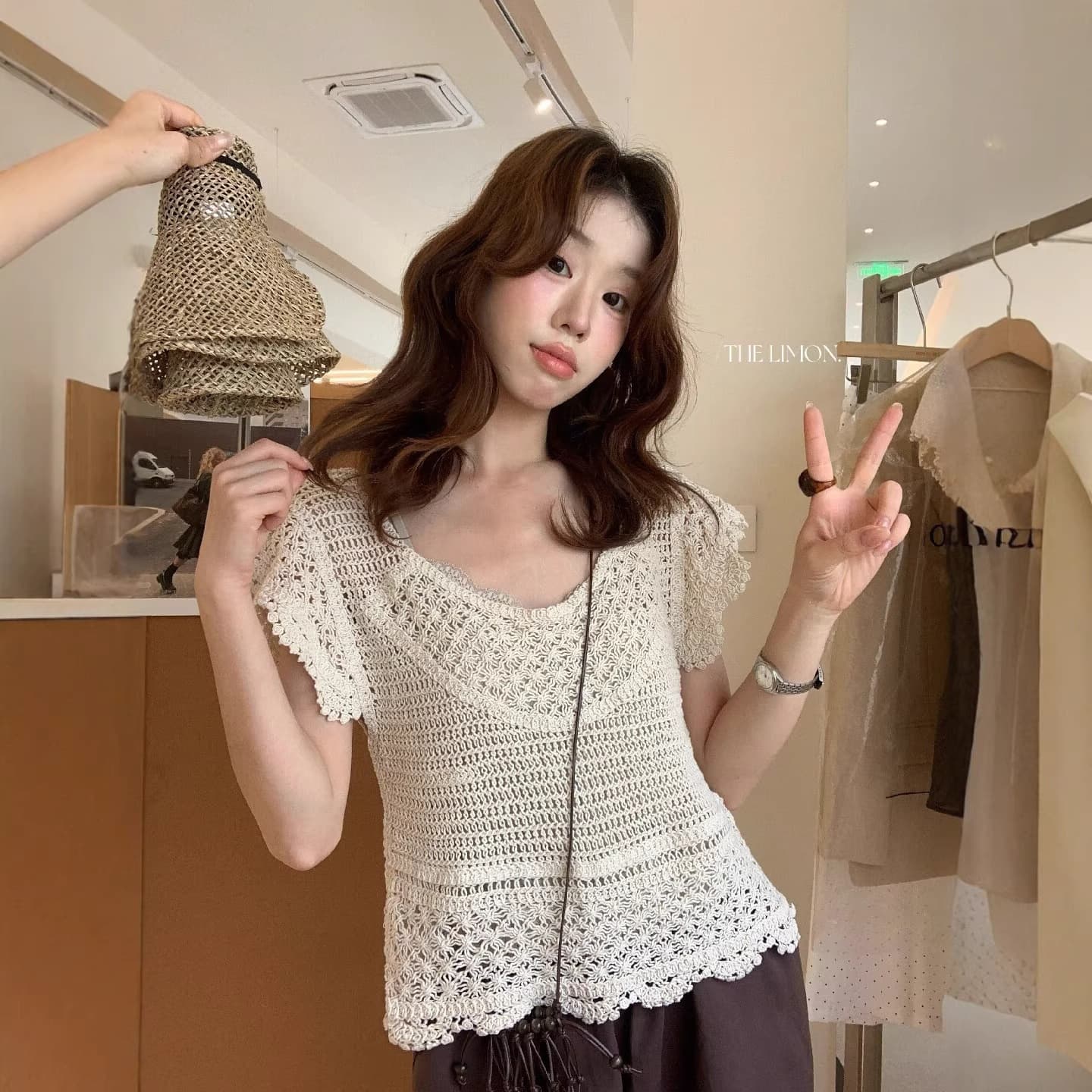 Lemon Green Bohemian Crochet Lace Knit Top for Women 2026 Summer Thin Layering Cover-Up Blouse