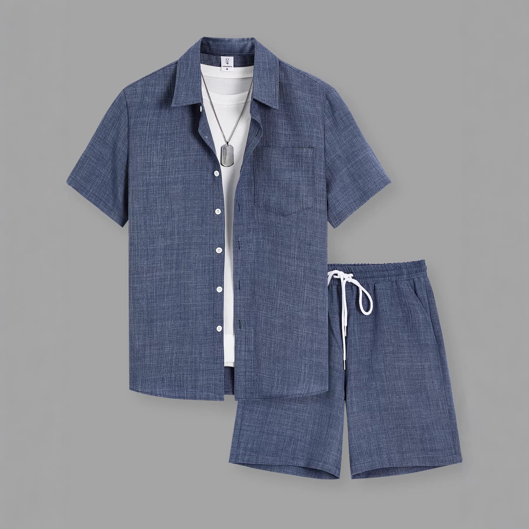 Men's Summer Casual Suit Set: Short Sleeve Button-Down Shirt with Drawstring Slant Pocket Shorts, Wholesale