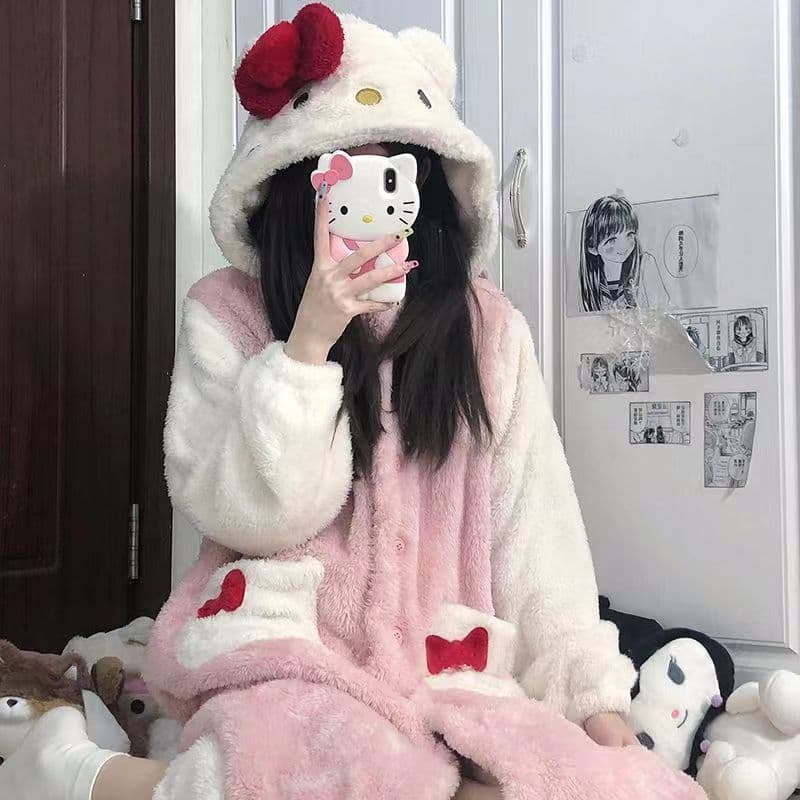 Special Offer!! Cute Cat Coral Fleece Bathrobe Women's Winter 2026 New Homewear Sleepwear Thick Nightgown