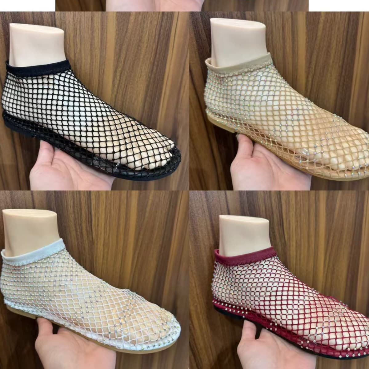 Russia Border Trade Summer Round Toe Mesh Rhinestone Sandals, Rhinestone Short Tube Flat Rhinestone Hollow Sandals for Women, Summer Plus Size