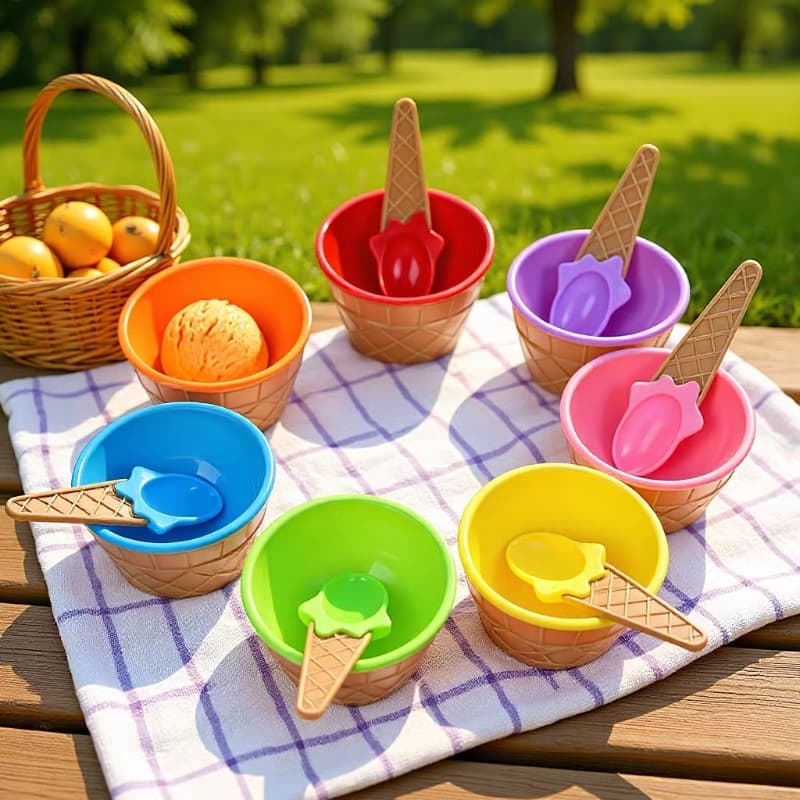 Ice cream bowl and scoop set, PS ice cream spoon and bowl cutlery set, creative children's cartoon double-layer wholesale, Amazon.