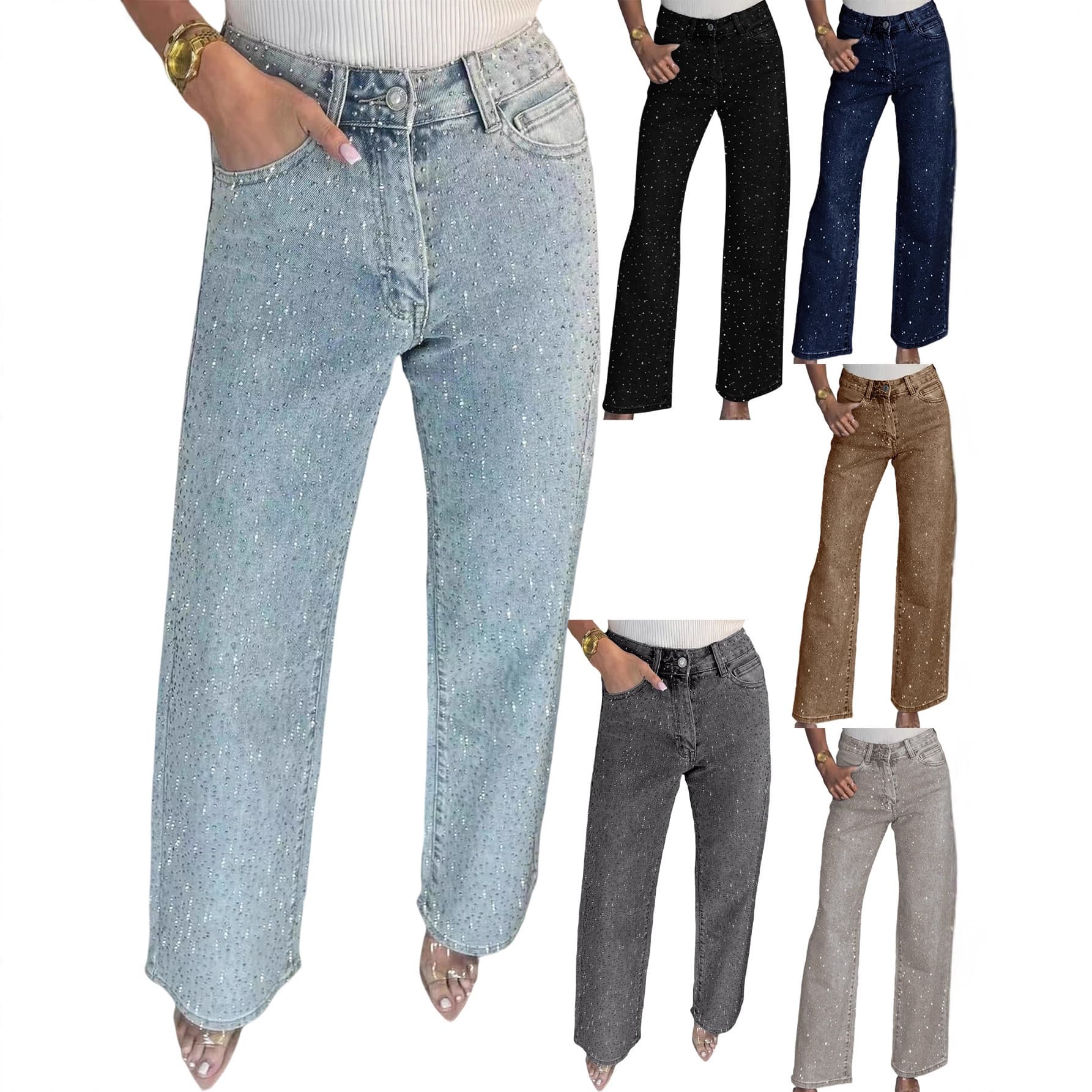 8751 Foreign Trade European and American Amazon Women's Full Rhinestone Washed Jeans High Waist Straight Pants Hot Girl Long Pants for Women