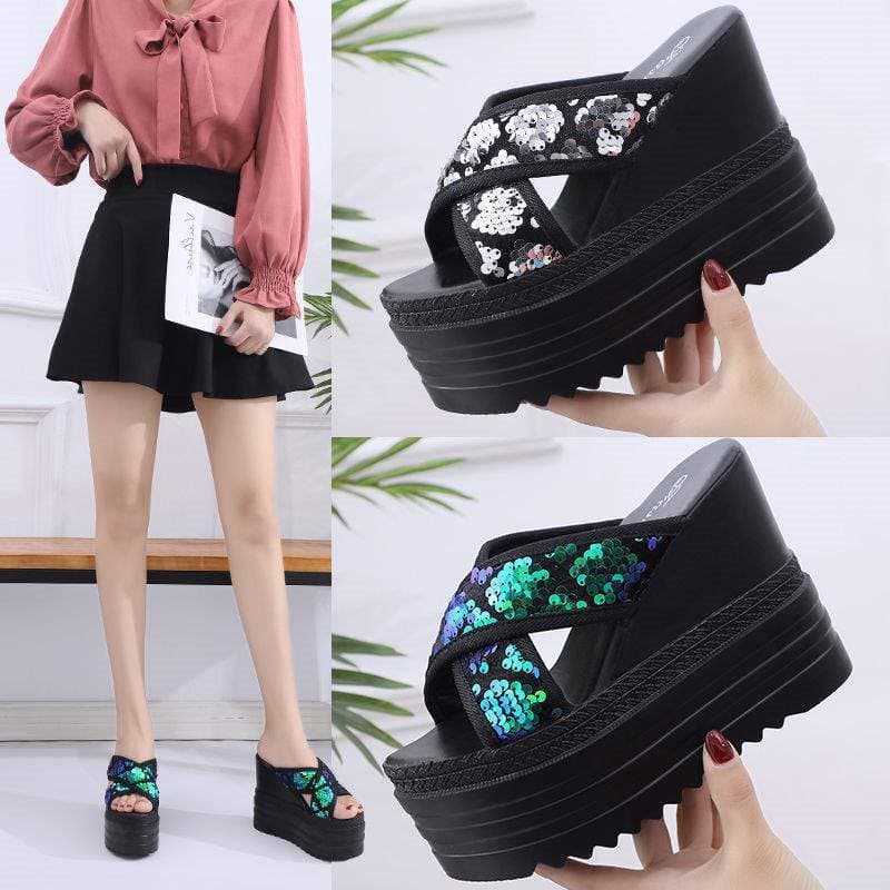 Women's Slippers for Outdoor Wear 2025 Summer New Fashion Versatile Cross High Heel Thick Platform Wedge Trendy Height-Increasing Sandals