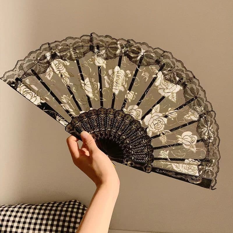 New Chinese style lace rose fan female dance folding fan photo Hanfu cheongsam photo ancient style posing Internet celebrity props
