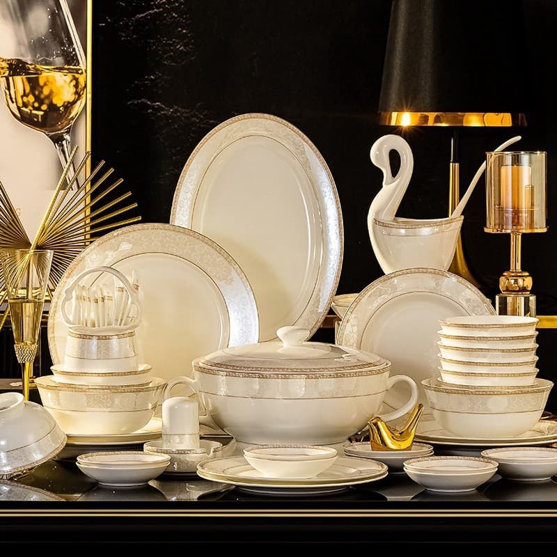 Bowl and plate set complete, Jingdezhen high bone china bowl and chopstick set, corporate gift wholesale, bone china dinnerware set