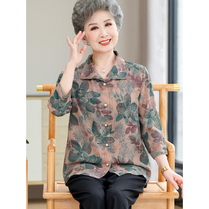 Summer Blouse for Elderly Women, Printed Short Sleeve Shirt for Grandma, Mother, Wife, Spring and Autumn Top for Ages 60-70