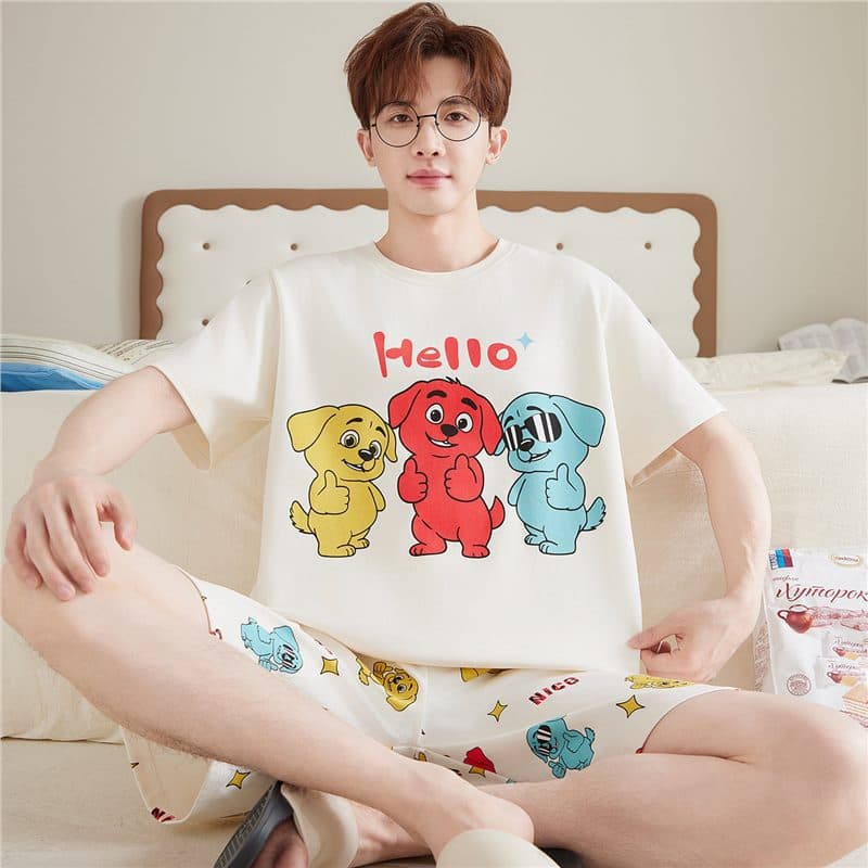 Summer Pajamas for Men, Cotton Short Sleeve Thin Style, Youth Plus Size, Wearable Outside Home Suit Set