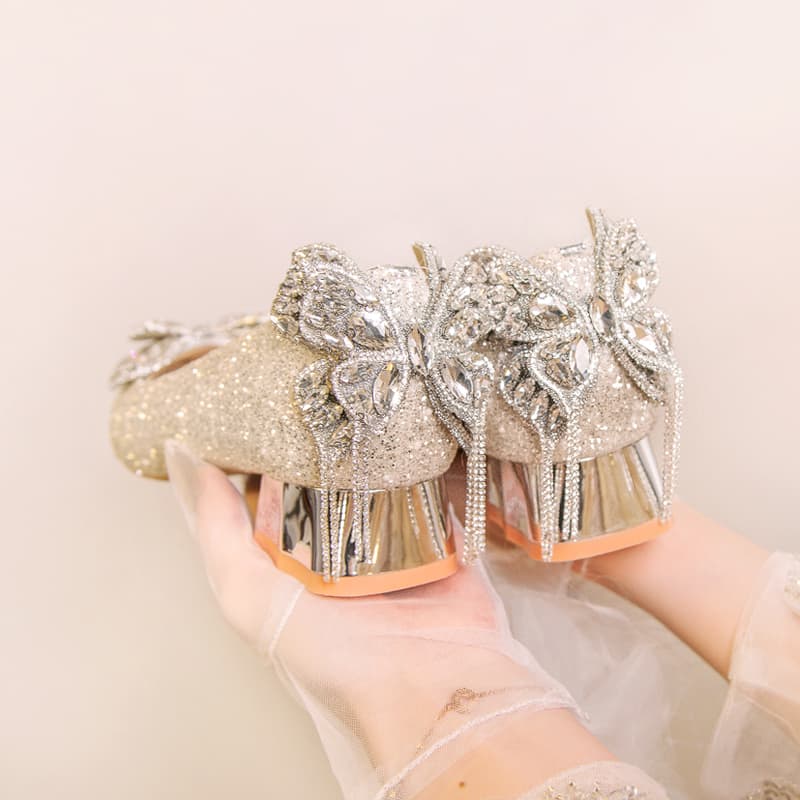 French Style High Heels Crystal Bridal Shoes Comfortable Maternity Footwear mid Heel Embellished with Bow And Shiny Strips