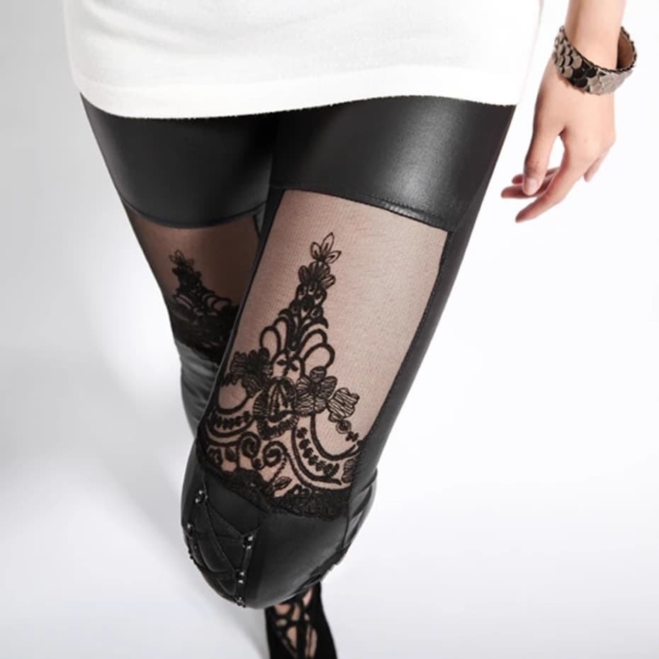 New Korean style sexy jacquard lace patchwork sheer faux leather casual pants women's leggings wholesale faux leather pants