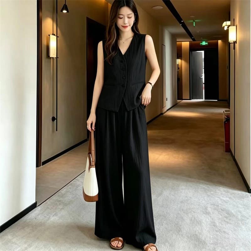 Black Korean-style 2026 New Sleeveless High-End Two-Piece Set for Women, Summer Intellectual Chic Vest and Wide-Leg Pants