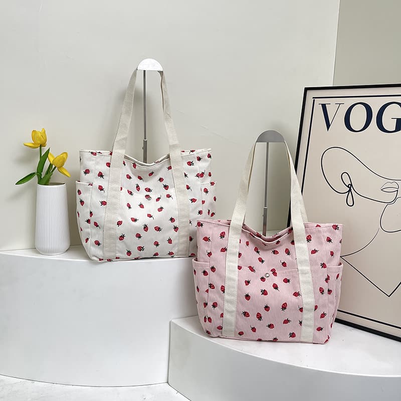Versatile Corduroy Printed Tote Bag 2026 New Storage Pouch Large Capacity Shoulder Bag Strawberry Print Women's Bag