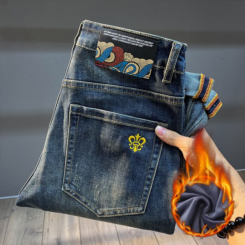 Men's winter trendy fleece-lined jeans, 2025 autumn/winter style, simple, slim straight leg, casual, versatile, warm trousers.