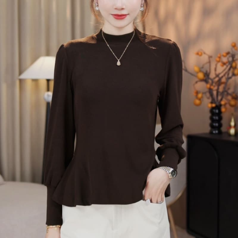 French ruffled waist-cinching bottoming shirt for women long-sleeved T-shirt for women in autumn and winter plus size fat mm slimming belly-covering age-reducing top