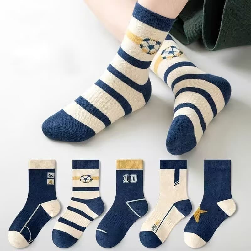 Boys' Mid-Calf Sports Socks, Autumn/Winter, Anti-Odor, Striped Football Socks for Kids