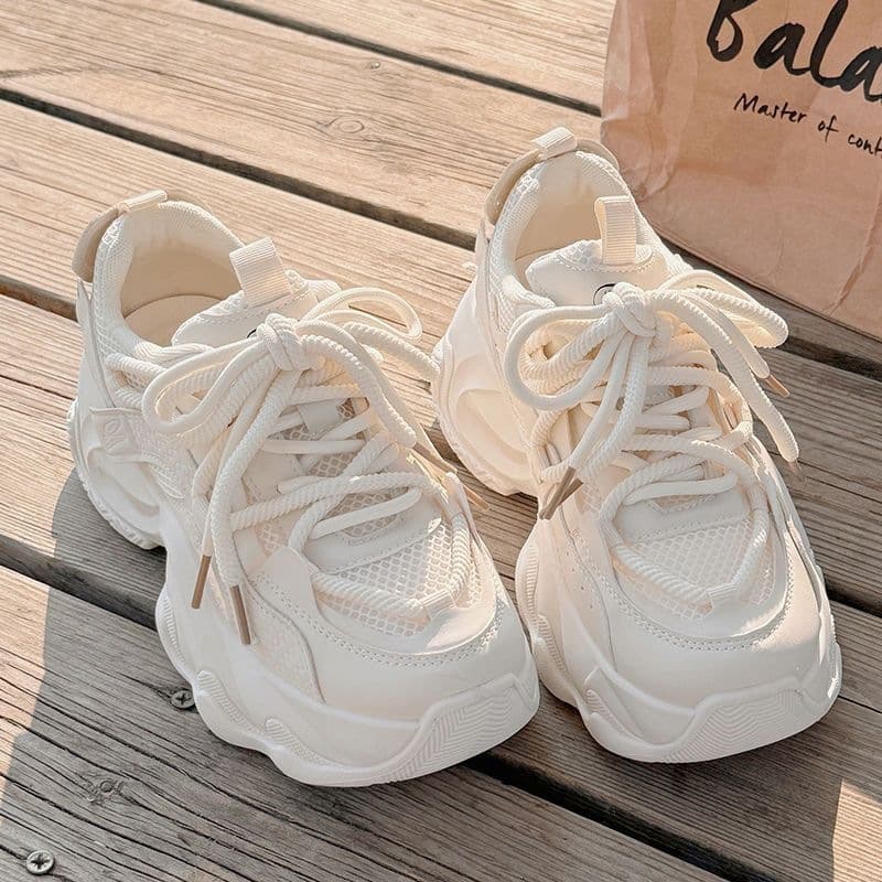 Women's Dad Shoes 2025 Spring/Summer New Popular Breathable Mesh Sneakers Thick-Soled White Sports Shoes