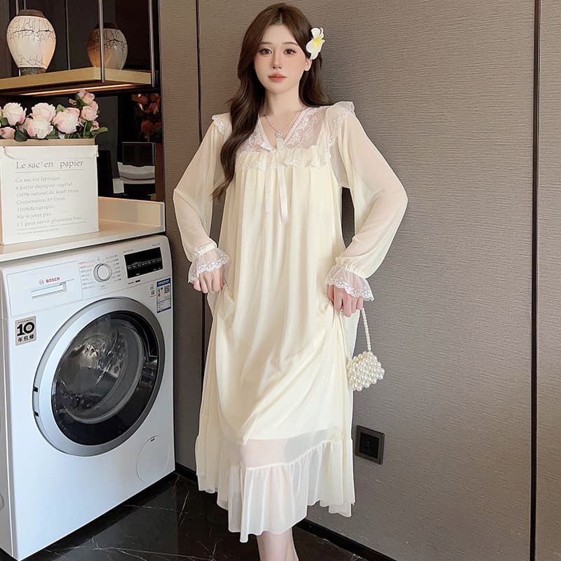 New Princess Style Nightgown with Padded Bodice, Court Style, Long Sleeve Mesh Loungewear for Women, Fairy Style Pajamas for Spring and Autumn