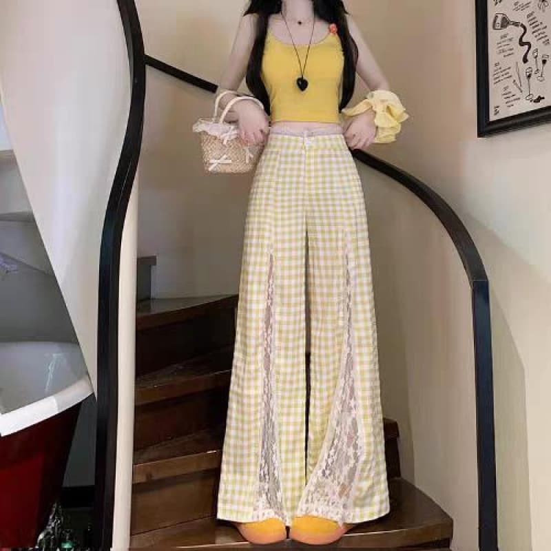 Sweet Lace Patchwork Hollow Blue Plaid Pants Women's Summer Loose Plus Size Slimming Straight Wide Leg Pants