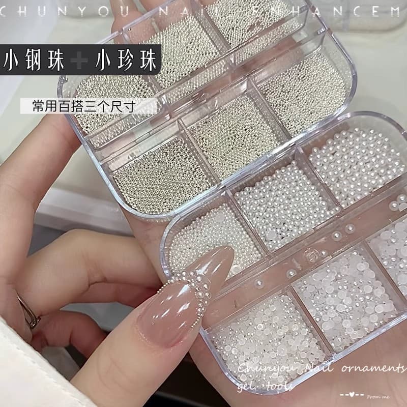 Nail Art Pearl Decorations Round Half-Round Flat-Back White Pearls Mini Steel Beads Small Size Versatile Nail Decoration Rhinestones