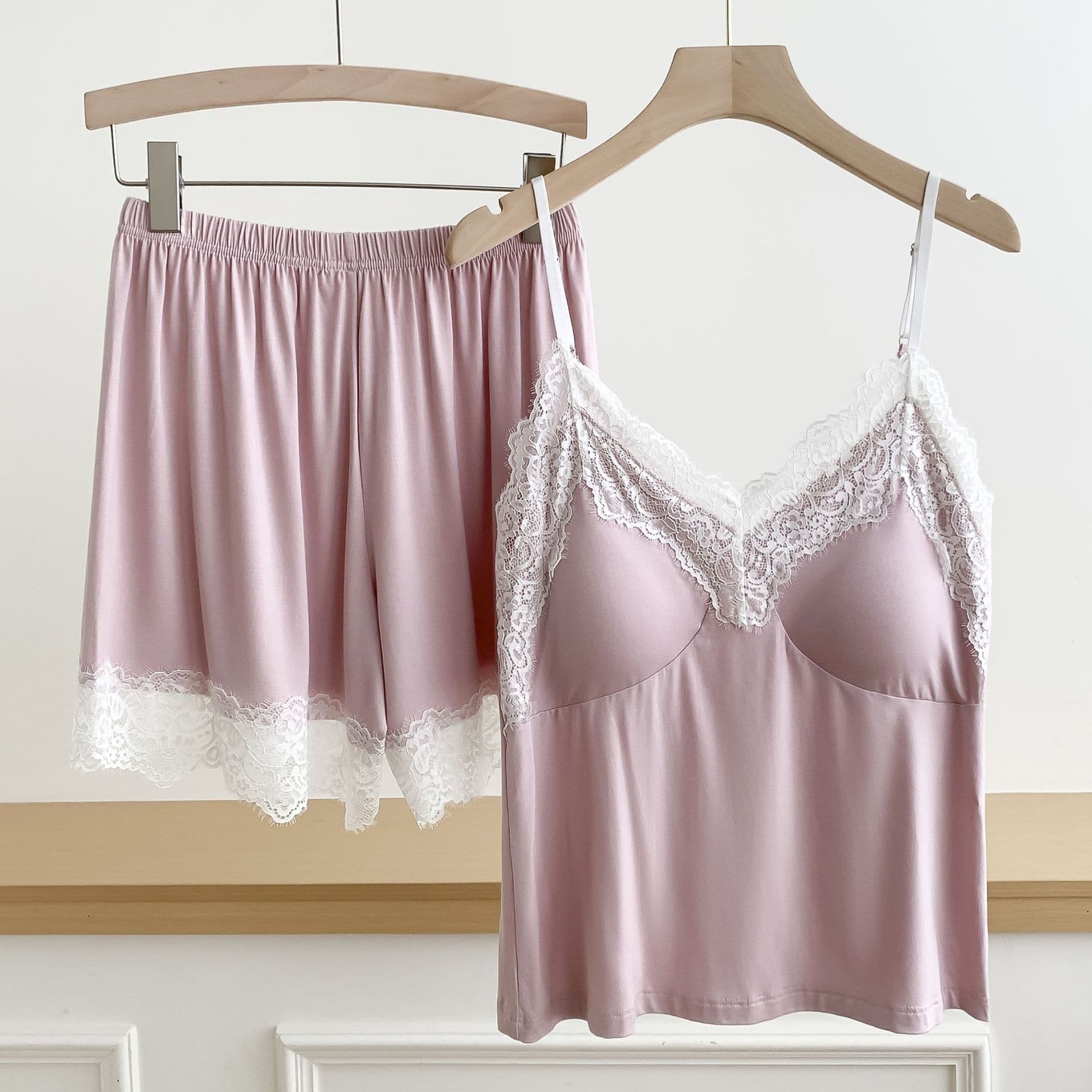 Women's Summer Pajamas Thin Simple Casual Camisole New Lace Set Pure Shorts Two-Piece with Padded Bra