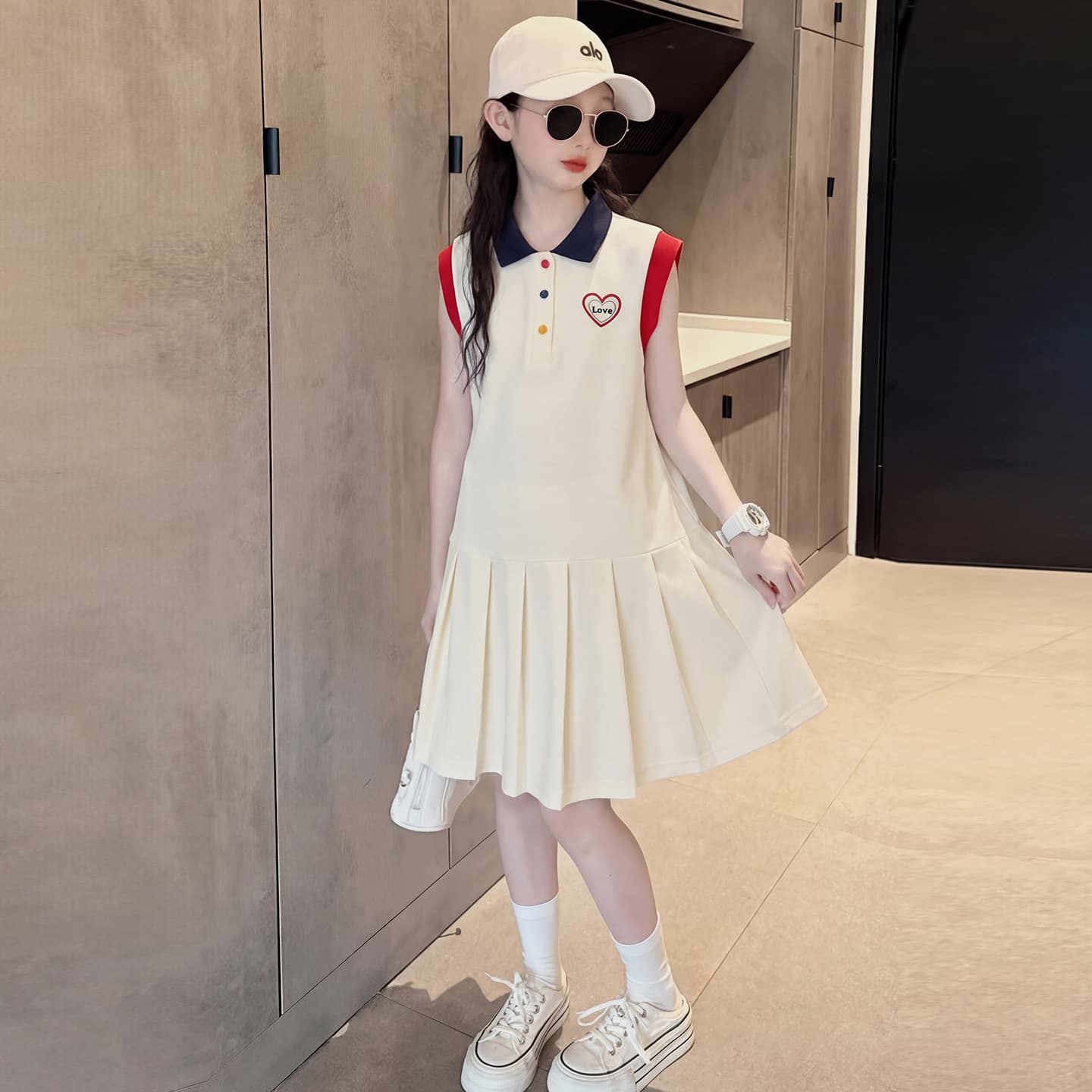 Girls' Dress 2026 New Summer Knit Tennis Sport Casual Polo Dress for Children