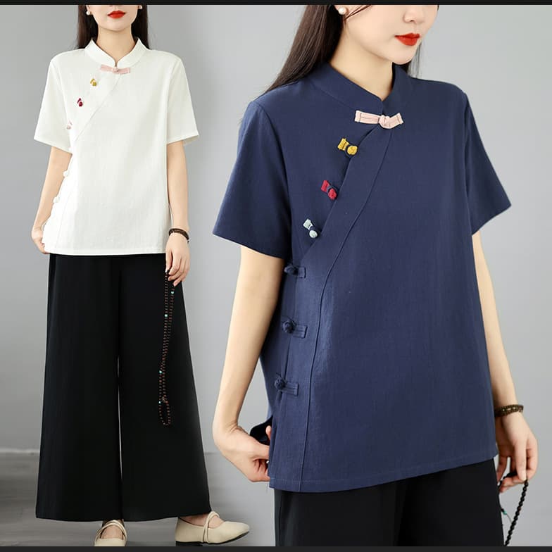 New Chinese style retro new cotton and linen shirt slanted cardigan short-sleeved candy color plate button Tang suit top women's suit
