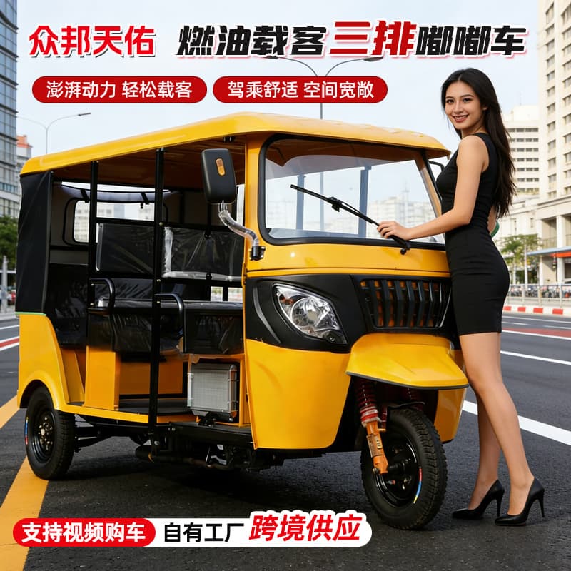 Cross-Border Supply Fuel Passenger Tuk-Tuk Motorcycle Three-Row Multi-Passenger Soft Top Iron Top Rain Canopy Tricycle