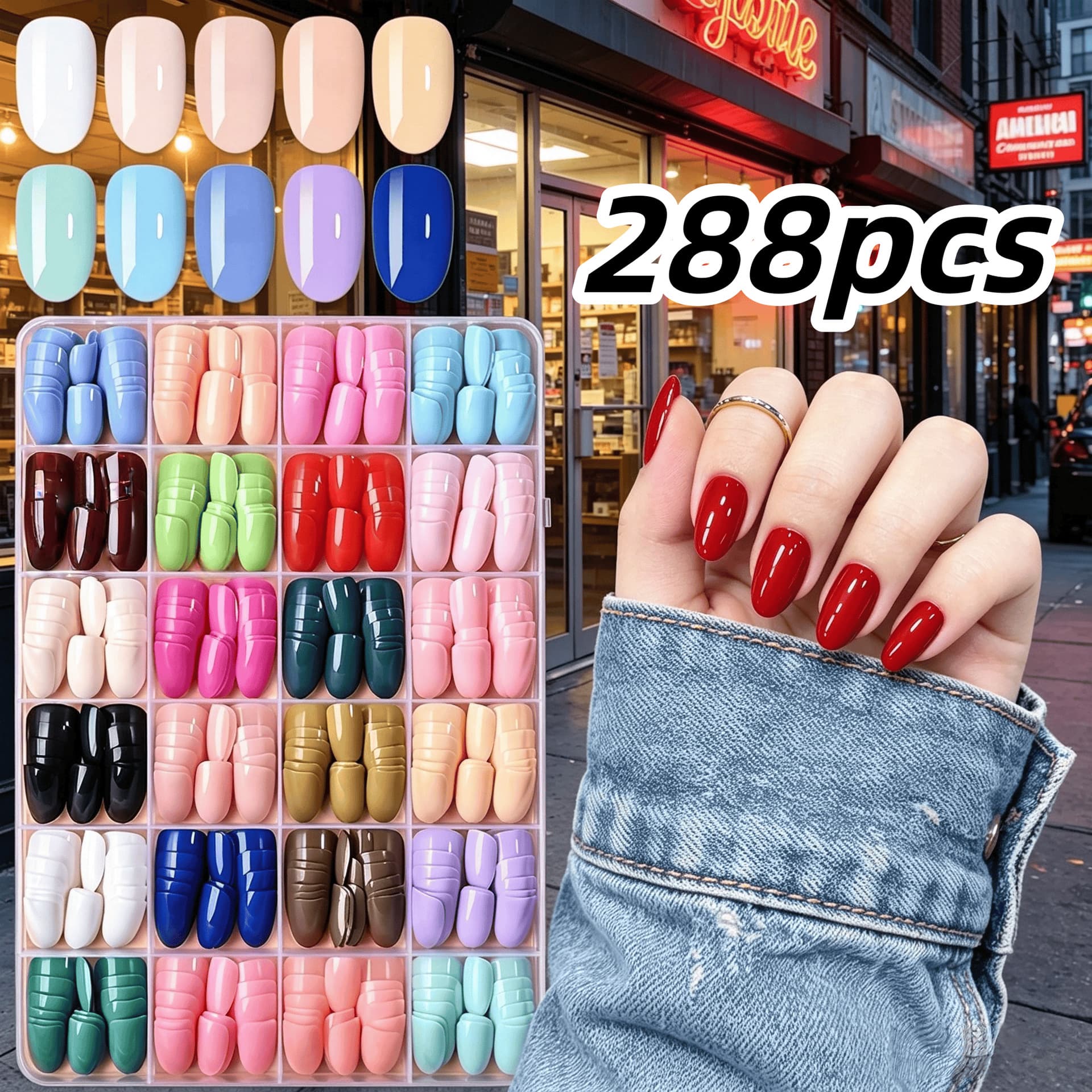Cross-border hot sale 288 simple color wear nails solid color glossy nail polish DIY short almond nails