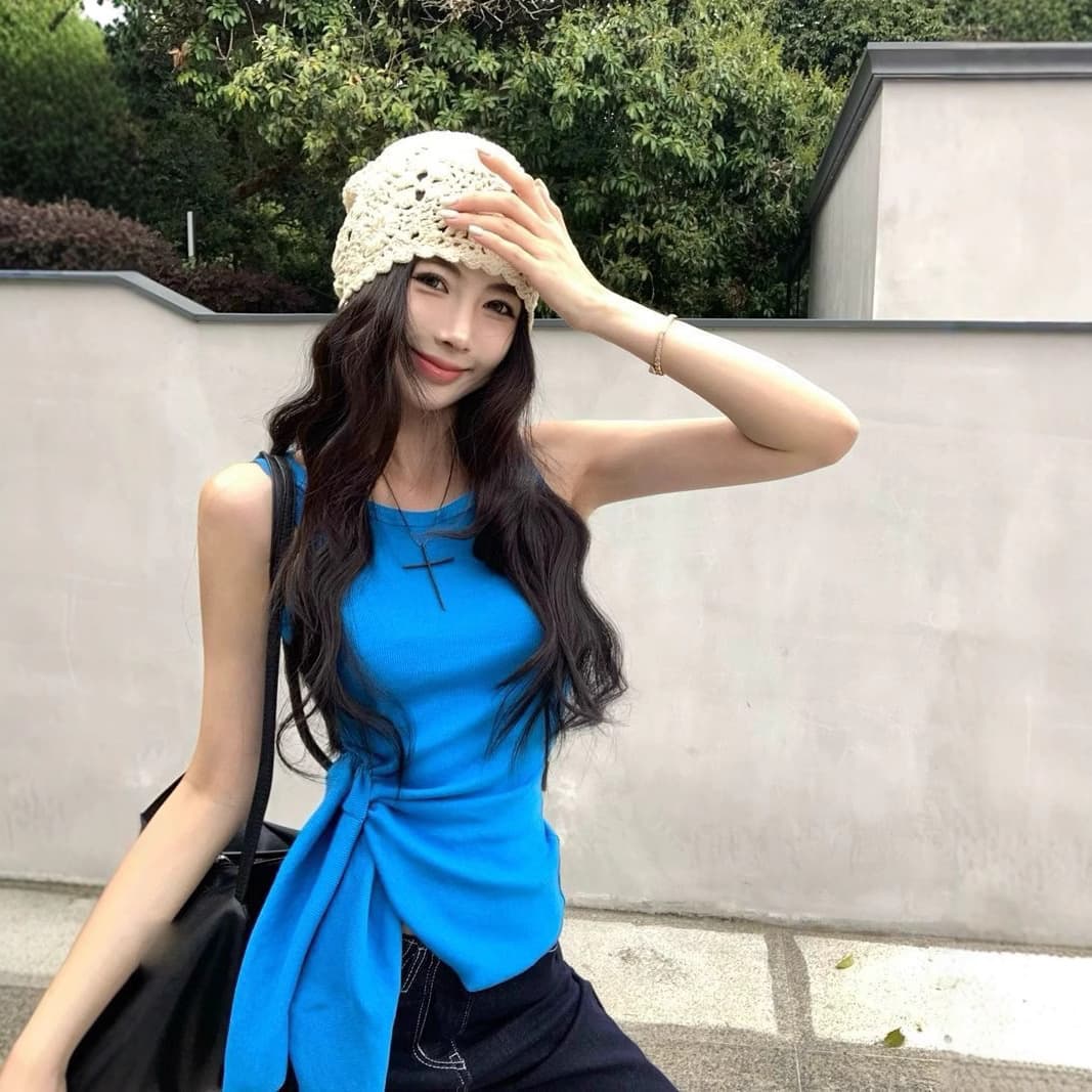 Irregular camisole female summer fashionable hot girl sleeveless inner wear blue slim strap waist top
