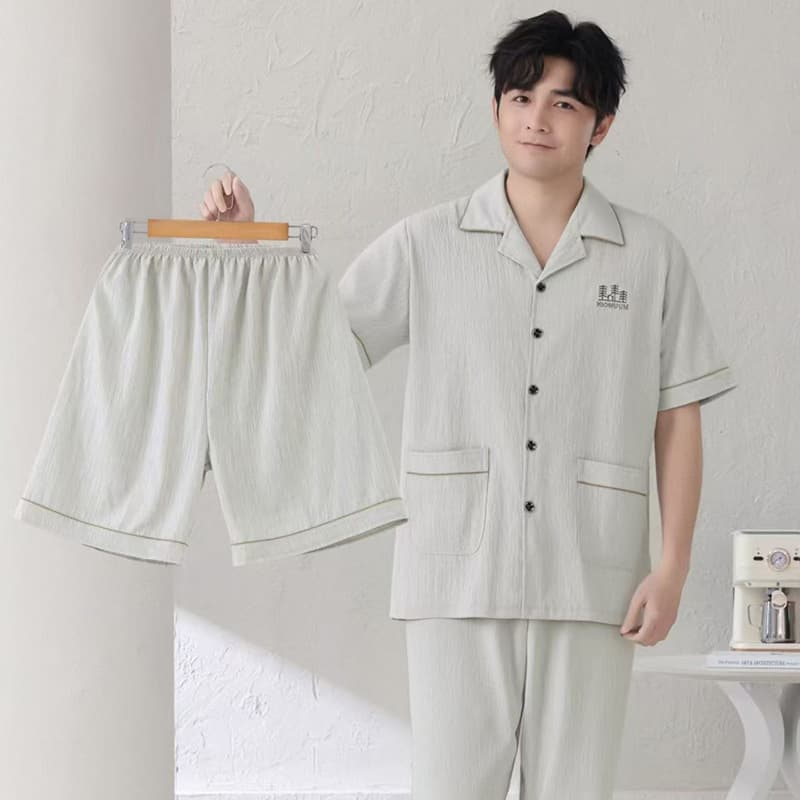 3-Piece Men's Pajama Set Summer Cotton Short Sleeve Long Pants Thin Men's Half Sleeve Middle-Aged Plus Size Homewear