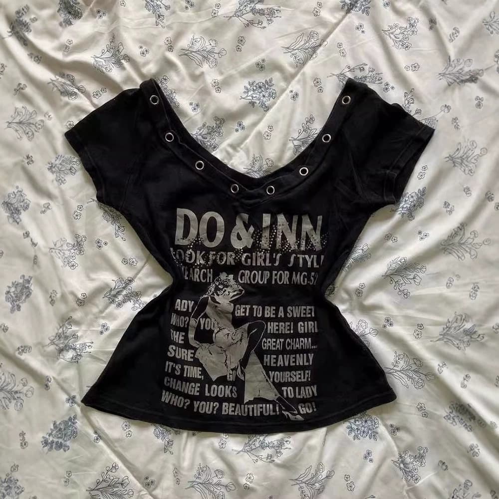 Plus Size Women's American Y2K Millennium Hot Girl Letter V-Neck Short Sleeve T-Shirt Summer Vintage Slim Fit Waist-Cinched Top