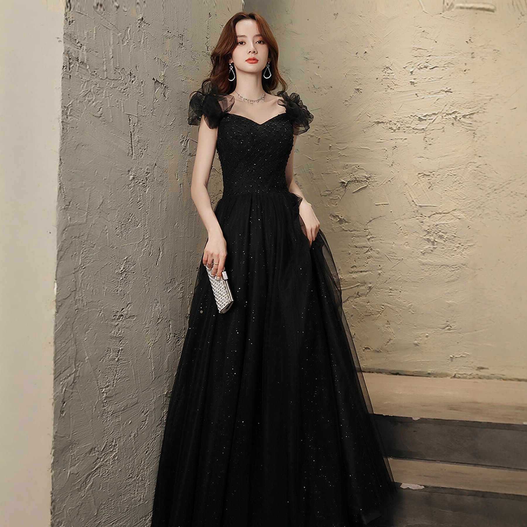 Black Evening Dress for Women Premium Student Art Exam Vocal Adult Ceremony French Banquet Elegant Host Petite